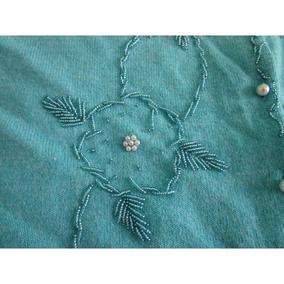 Lucky Brand Light Blue Beaded Cardigan Faux Pearl Button Wool Blend Ladies L EUC - Picture 7 of 16